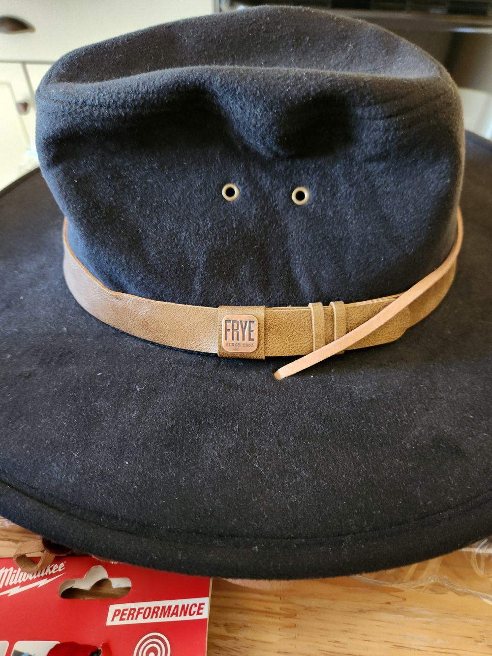 Frye Black Wool Hat with Tan Leather Band